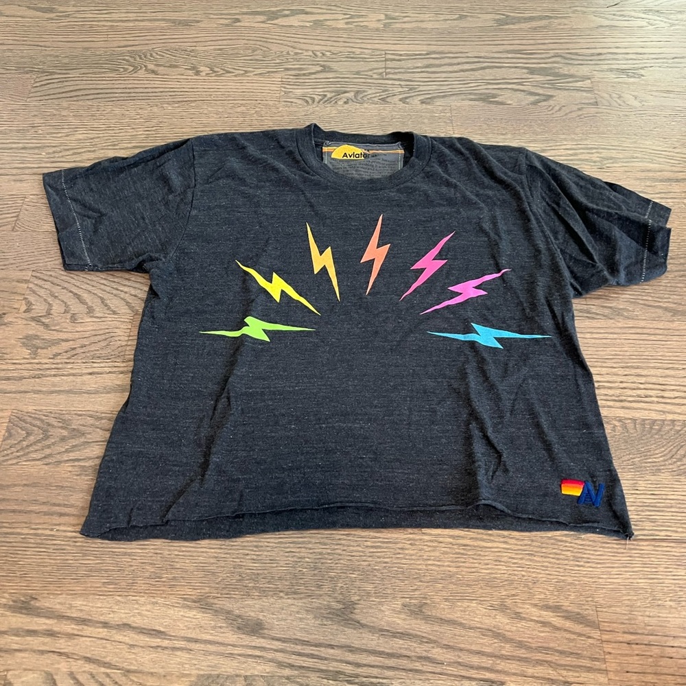 COPY - Aviator Nation Women’s T-shirt charcoal grey with bright lightning bolts.